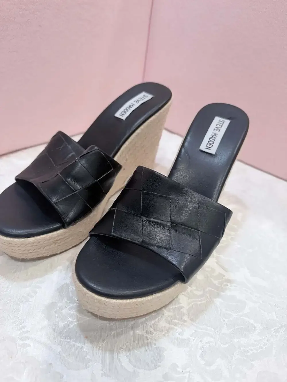 Steve Madden Udele Black Woven Leather Platform Espadrille Wedge Sandals